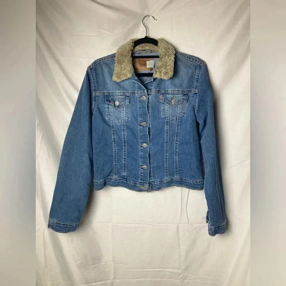 Vintage Levi’s Blue‎ Denim Snap Button Jean Jacket Mis medium faux fur collar - Picture 1 of 7